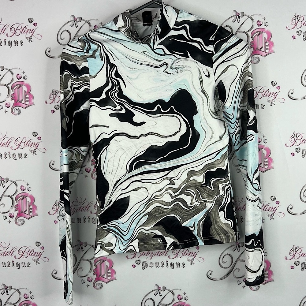 SHEIN long stretchy marble print Black and White Swirl Button Down Shirt